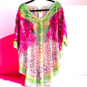 Women’s Dazzling Short Kaftan with V Neckline Accented with Crystals OS  New!